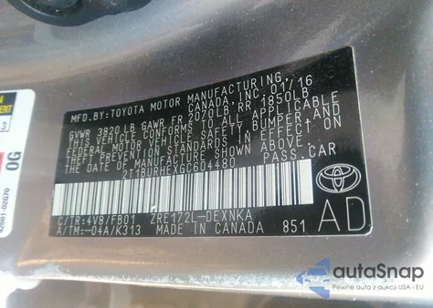 2016 Toyota Corolla Le z USA, uszkodzony, nr VIN 2T1BURHEXGC604480